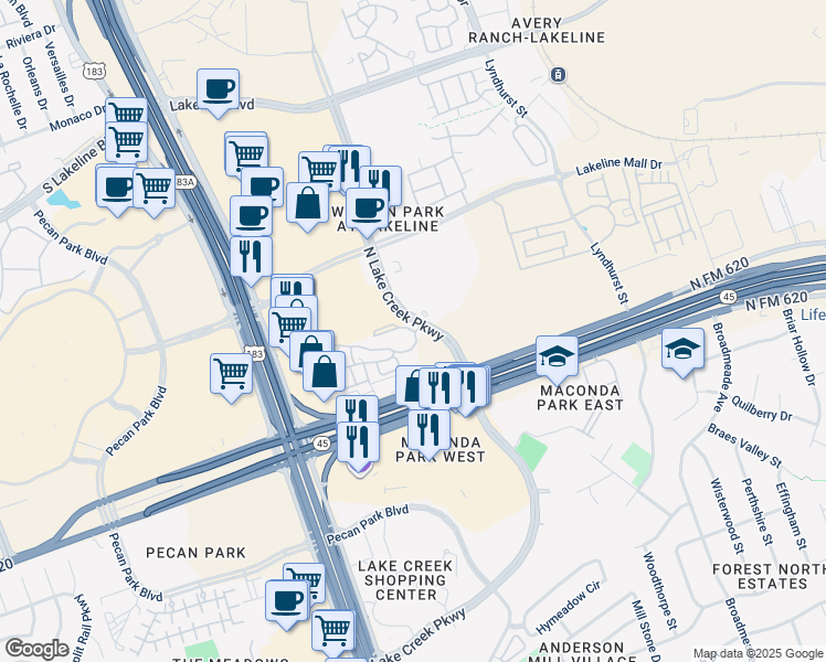 map of restaurants, bars, coffee shops, grocery stores, and more near 9821 North Lake Creek Parkway in Austin