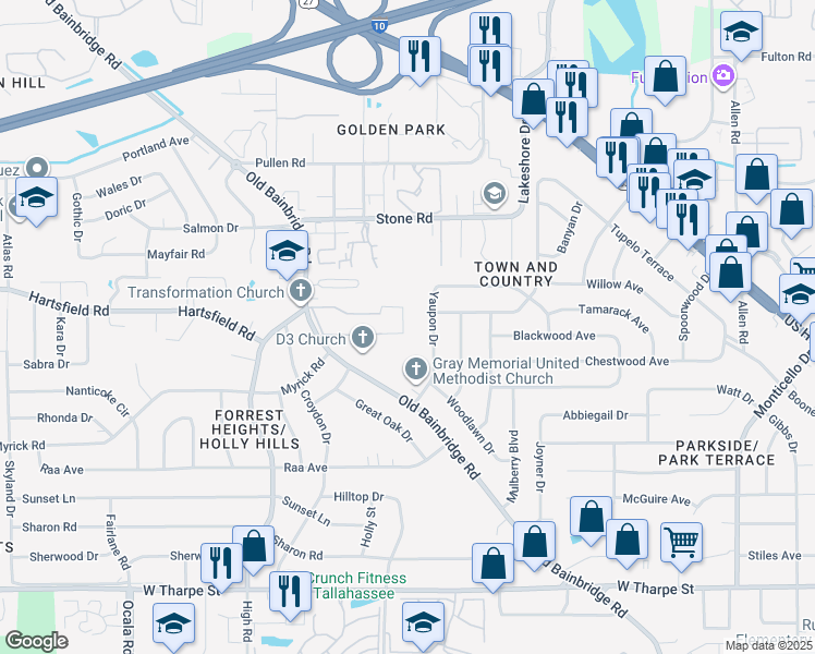 map of restaurants, bars, coffee shops, grocery stores, and more near 2301 Old Bainbridge Road in Tallahassee