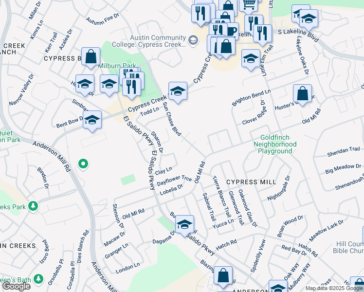 map of restaurants, bars, coffee shops, grocery stores, and more near 1704 Courtney Lane in Cedar Park