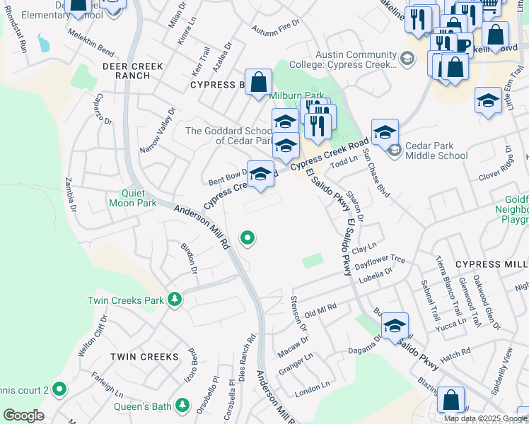map of restaurants, bars, coffee shops, grocery stores, and more near 2150 Cypress Creek Road in Cedar Park