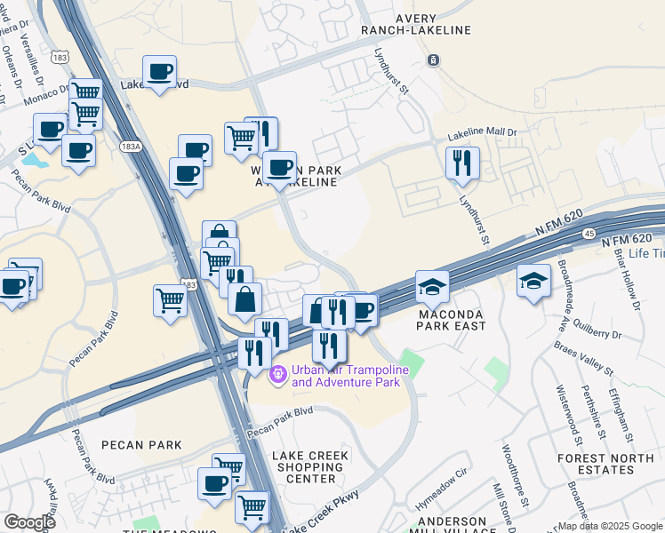 map of restaurants, bars, coffee shops, grocery stores, and more near 10109 North Lake Creek Parkway in Austin