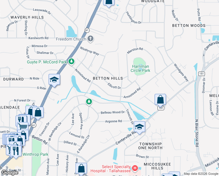 map of restaurants, bars, coffee shops, grocery stores, and more near 2229 Ellicott Drive in Tallahassee