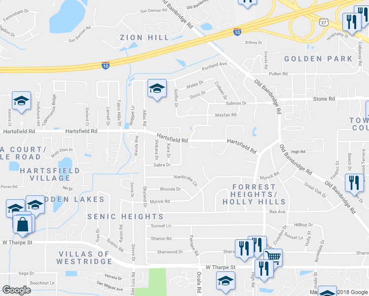 map of restaurants, bars, coffee shops, grocery stores, and more near 2323 Vincent Drive in Tallahassee