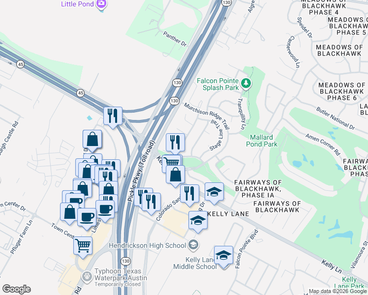 map of restaurants, bars, coffee shops, grocery stores, and more near 19306 Gale Meadow Drive in Pflugerville