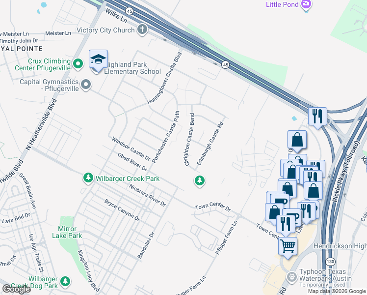map of restaurants, bars, coffee shops, grocery stores, and more near 18809 Chrighton Castle Bend in Pflugerville