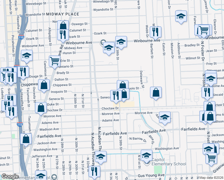 map of restaurants, bars, coffee shops, grocery stores, and more near 3625 Iroquois Street in Baton Rouge