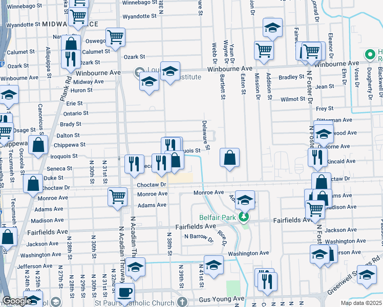 map of restaurants, bars, coffee shops, grocery stores, and more near 3938 Iroquois Street in Baton Rouge