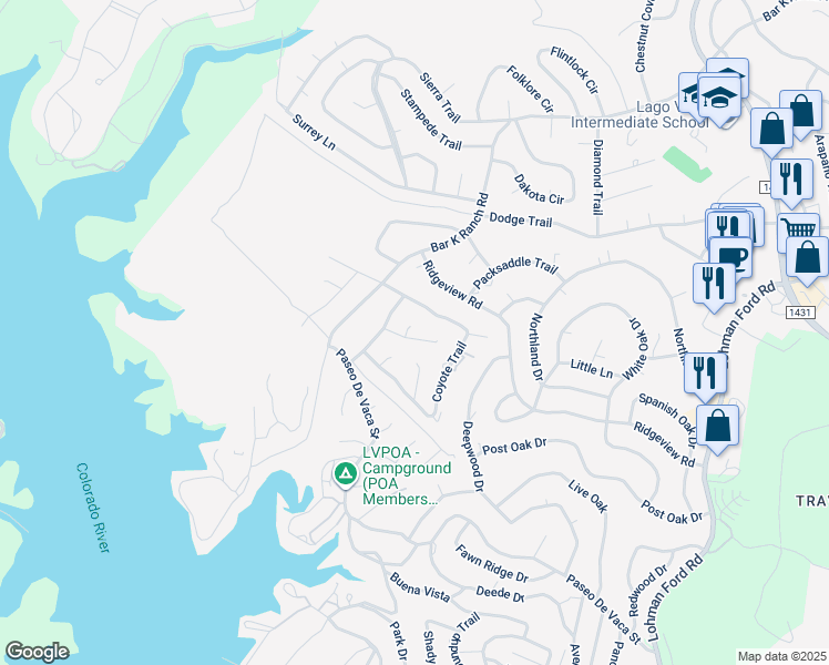 map of restaurants, bars, coffee shops, grocery stores, and more near 21316 Choctaw Cove in Lago Vista