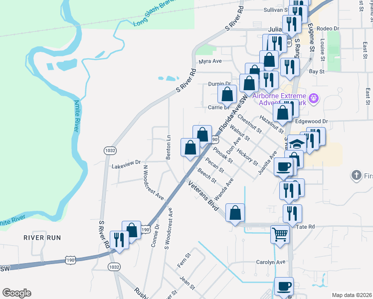 map of restaurants, bars, coffee shops, grocery stores, and more near 1405 Kline Street in Denham Springs