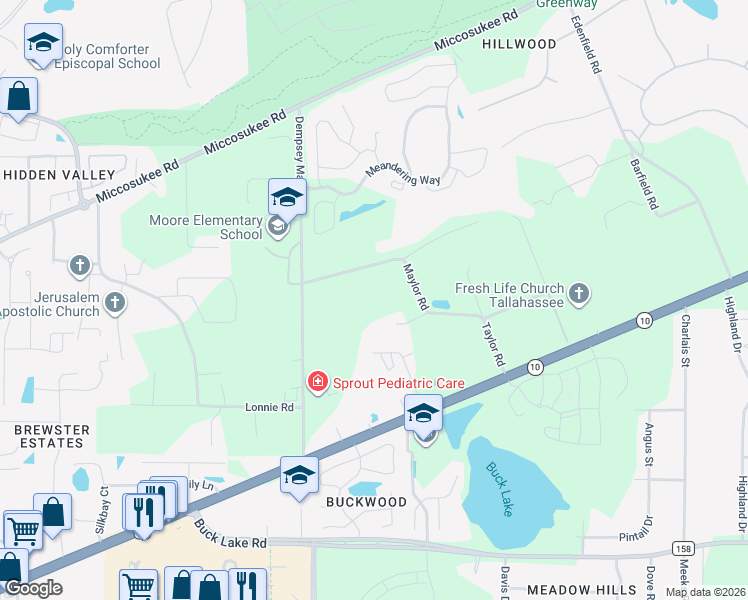 map of restaurants, bars, coffee shops, grocery stores, and more near 4359 Maylor Road in Tallahassee