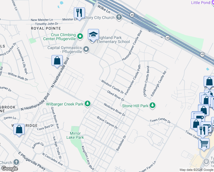 map of restaurants, bars, coffee shops, grocery stores, and more near 709 Windsor Castle Drive in Pflugerville