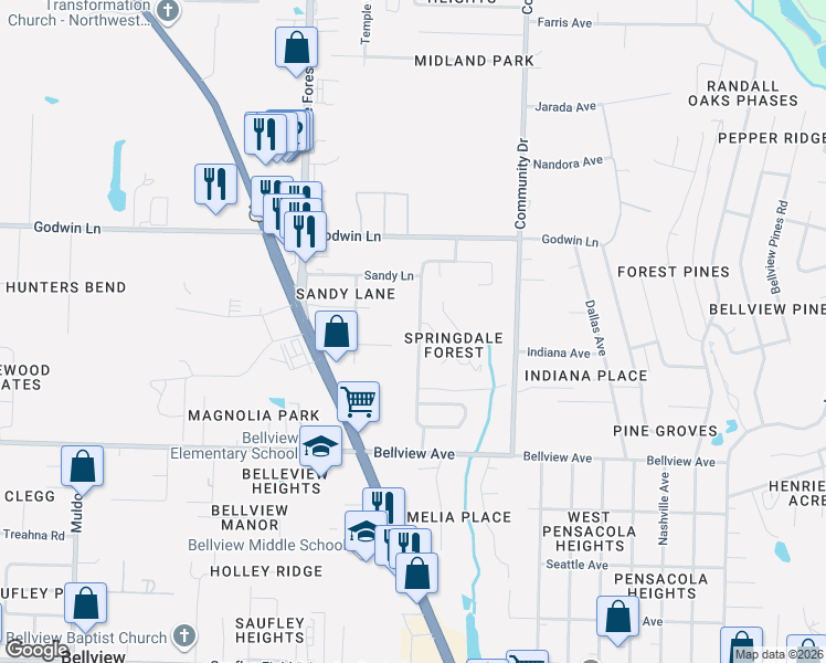 map of restaurants, bars, coffee shops, grocery stores, and more near 1067 Simpson Street in Pensacola