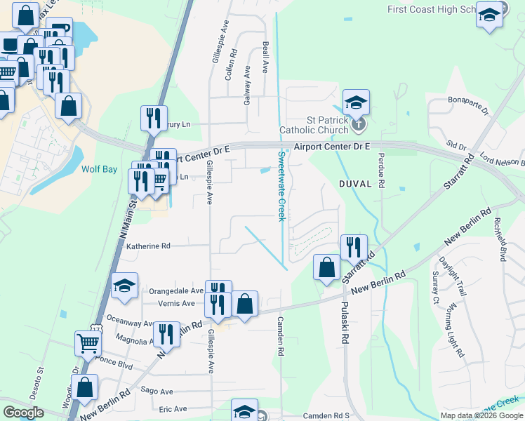 map of restaurants, bars, coffee shops, grocery stores, and more near 458 Harley Drive in Jacksonville
