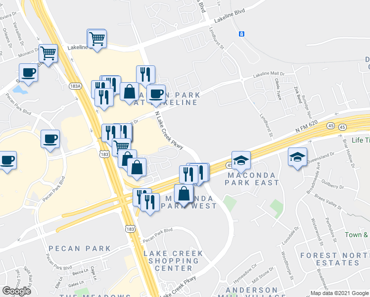 map of restaurants, bars, coffee shops, grocery stores, and more near 10109 North Lake Creek Parkway in Austin