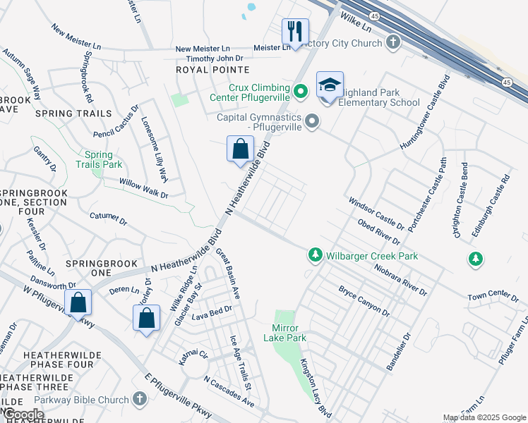 map of restaurants, bars, coffee shops, grocery stores, and more near 18313 Congaree Street in Pflugerville
