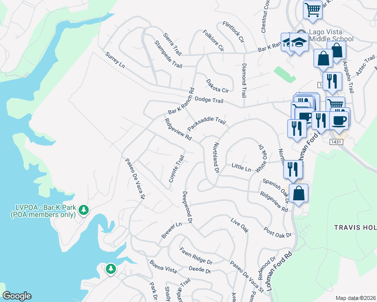map of restaurants, bars, coffee shops, grocery stores, and more near 21475 Coyote Trail in Leander