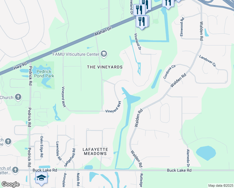 map of restaurants, bars, coffee shops, grocery stores, and more near 1712 Vineyard Way in Tallahassee
