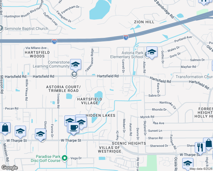 map of restaurants, bars, coffee shops, grocery stores, and more near 2412 Solstice Court in Tallahassee