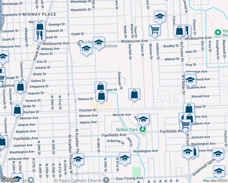map of restaurants, bars, coffee shops, grocery stores, and more near 3938 Iroquois Street in Baton Rouge