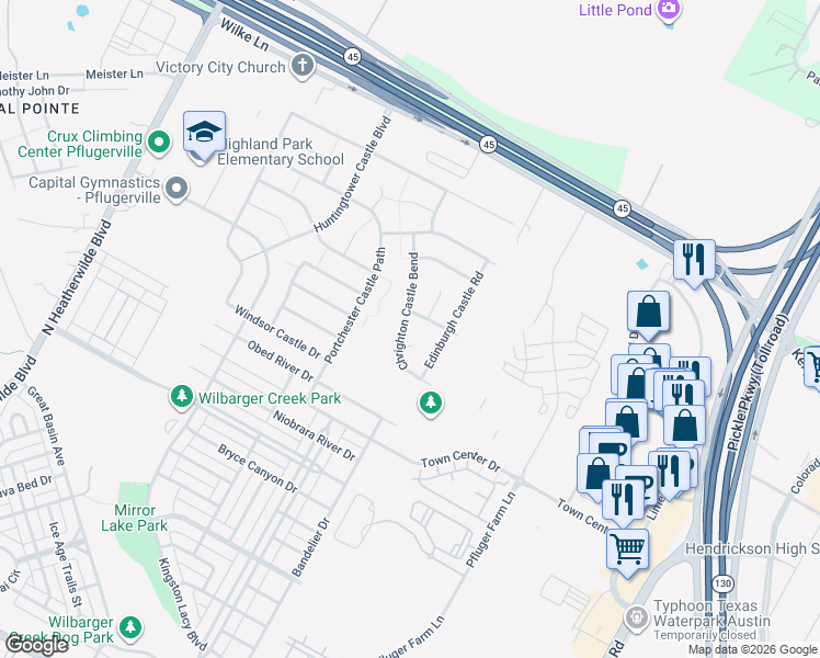 map of restaurants, bars, coffee shops, grocery stores, and more near 18809 Chrighton Castle Bend in Pflugerville