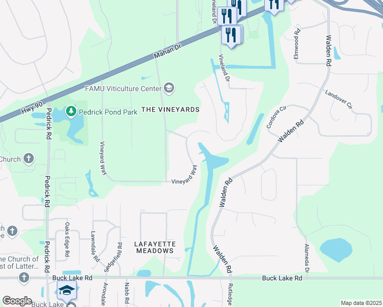 map of restaurants, bars, coffee shops, grocery stores, and more near 1712 Vineyard Way in Tallahassee