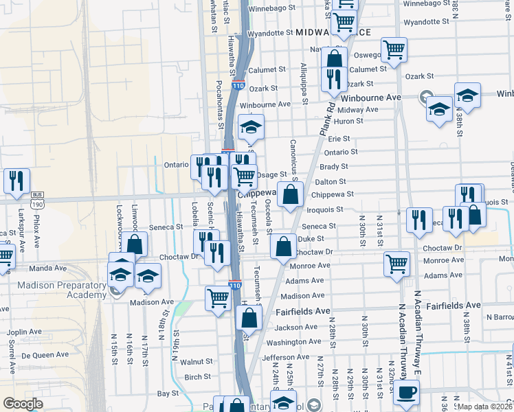 map of restaurants, bars, coffee shops, grocery stores, and more near 2720 Tecumseh Street in Baton Rouge