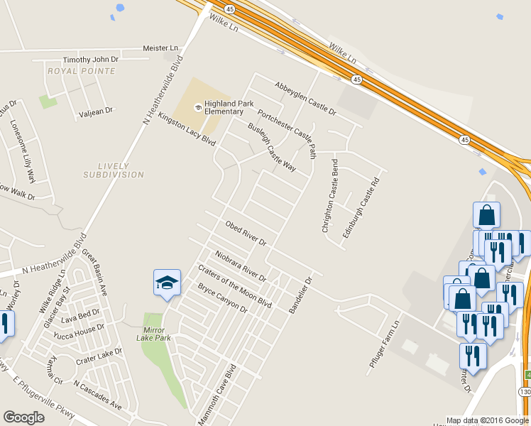 map of restaurants, bars, coffee shops, grocery stores, and more near 901 Oldwick Castle Way in Pflugerville