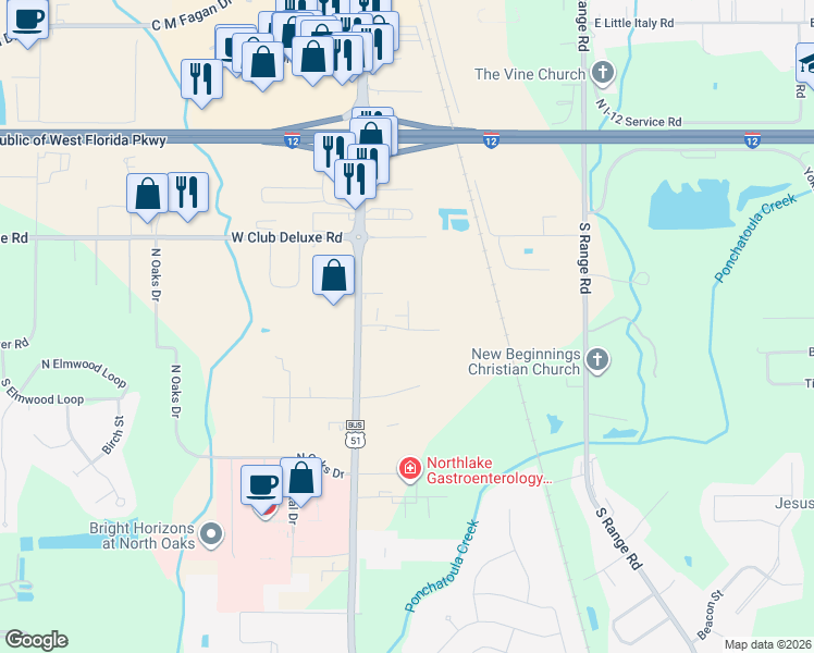 map of restaurants, bars, coffee shops, grocery stores, and more near 16061 Lamonte Drive in Hammond