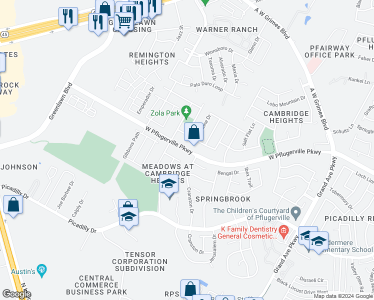 map of restaurants, bars, coffee shops, grocery stores, and more near West Pflugerville Parkway in Round Rock