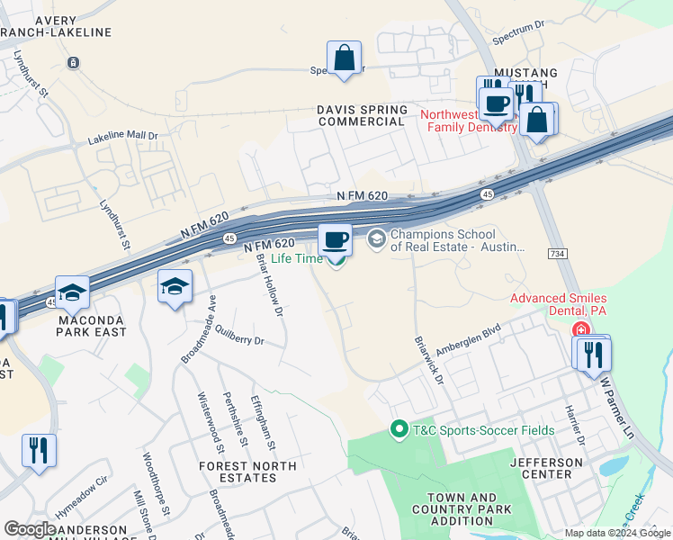 map of restaurants, bars, coffee shops, grocery stores, and more near 13725 Ranch Road 620 North in Austin