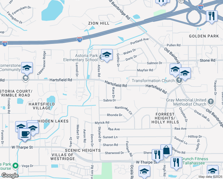 map of restaurants, bars, coffee shops, grocery stores, and more near 2324 Kara Drive in Tallahassee