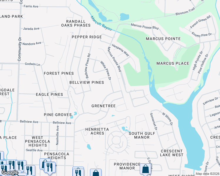 map of restaurants, bars, coffee shops, grocery stores, and more near 2149 White Pines Drive in Pensacola