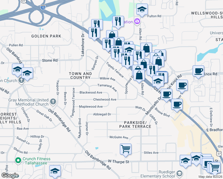 map of restaurants, bars, coffee shops, grocery stores, and more near 891 Tamarack Avenue in Tallahassee