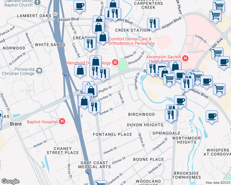 map of restaurants, bars, coffee shops, grocery stores, and more near 533b Corday Street in Pensacola