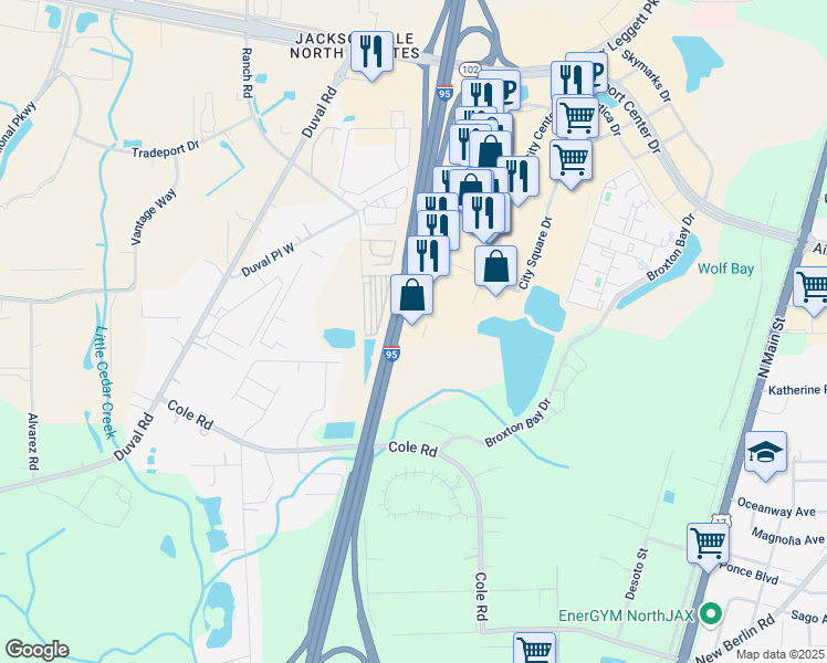 map of restaurants, bars, coffee shops, grocery stores, and more near 13000 City Station Drive in Jacksonville