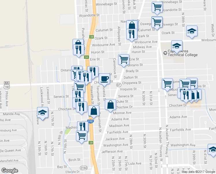 map of restaurants, bars, coffee shops, grocery stores, and more near 2725 Wenonah Street in Baton Rouge