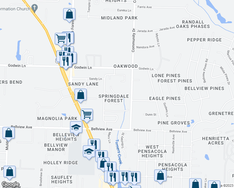 map of restaurants, bars, coffee shops, grocery stores, and more near 1589 Galvin Avenue in Pensacola