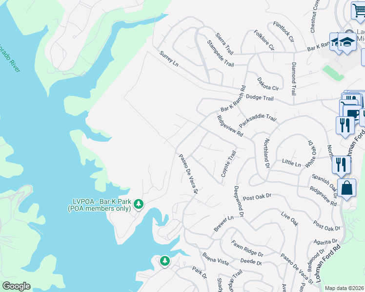 map of restaurants, bars, coffee shops, grocery stores, and more near 7105 Bar K Ranch Road in Lago Vista
