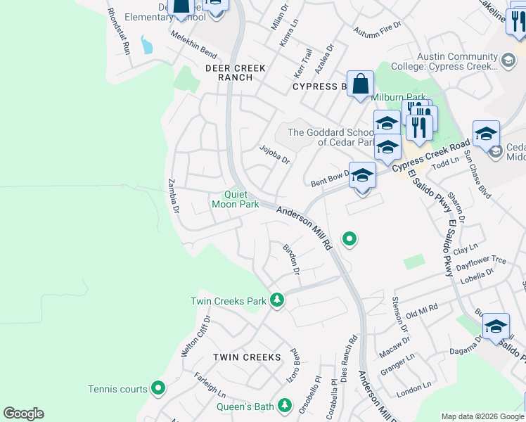 map of restaurants, bars, coffee shops, grocery stores, and more near 2513 Durlston Court in Cedar Park