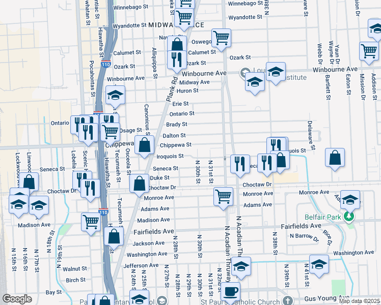 map of restaurants, bars, coffee shops, grocery stores, and more near 2927 Iroquois Street in Baton Rouge