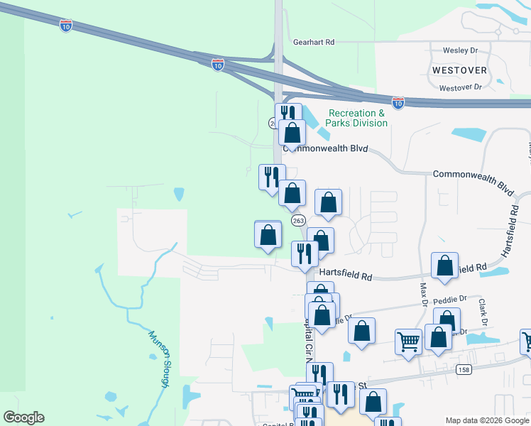 map of restaurants, bars, coffee shops, grocery stores, and more near 850 Capital Walk Drive in Tallahassee