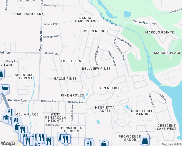 map of restaurants, bars, coffee shops, grocery stores, and more near 6507 Bellview Pines Place in Pensacola