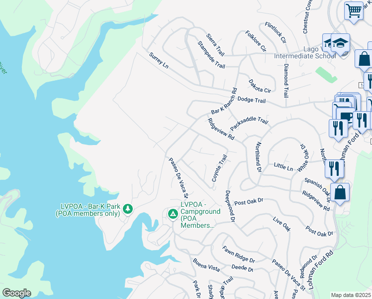 map of restaurants, bars, coffee shops, grocery stores, and more near 7204 Crossbow Trail in Lago Vista