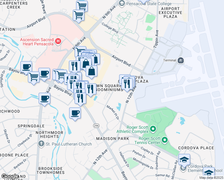 map of restaurants, bars, coffee shops, grocery stores, and more near 5051 Grande Drive in Pensacola