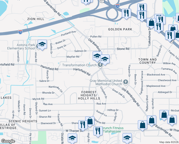 map of restaurants, bars, coffee shops, grocery stores, and more near 1714 Hartsfield Road in Tallahassee