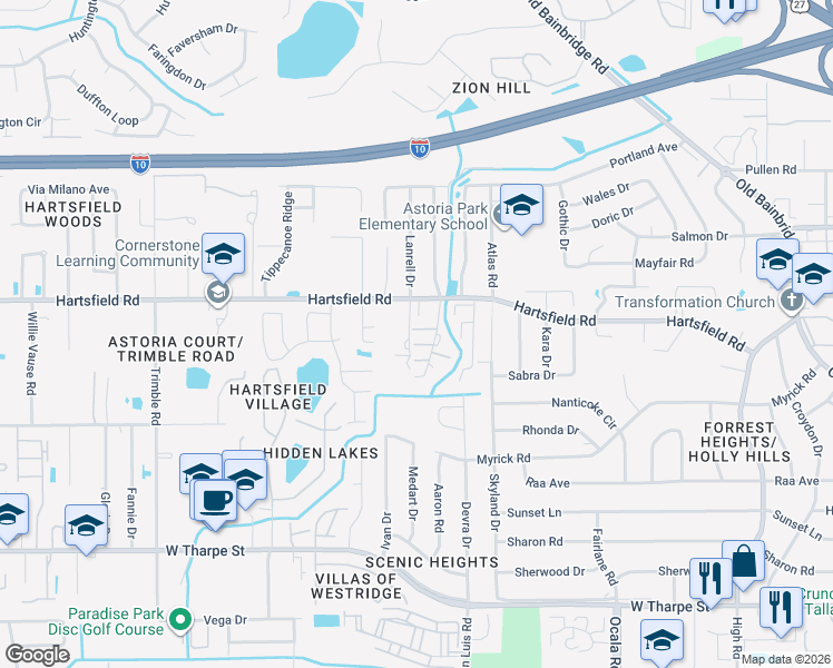 map of restaurants, bars, coffee shops, grocery stores, and more near 2356 Hartsfield Way in Tallahassee