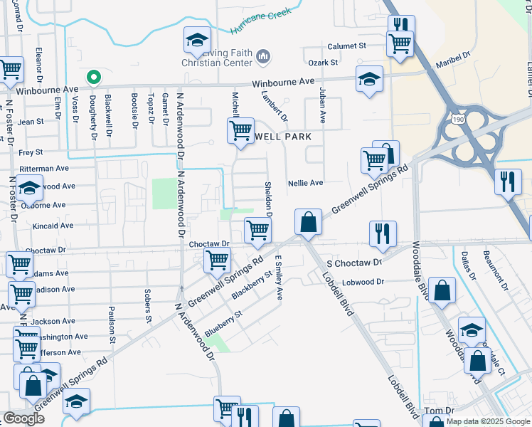 map of restaurants, bars, coffee shops, grocery stores, and more near 6487 Kincaid Avenue in Baton Rouge