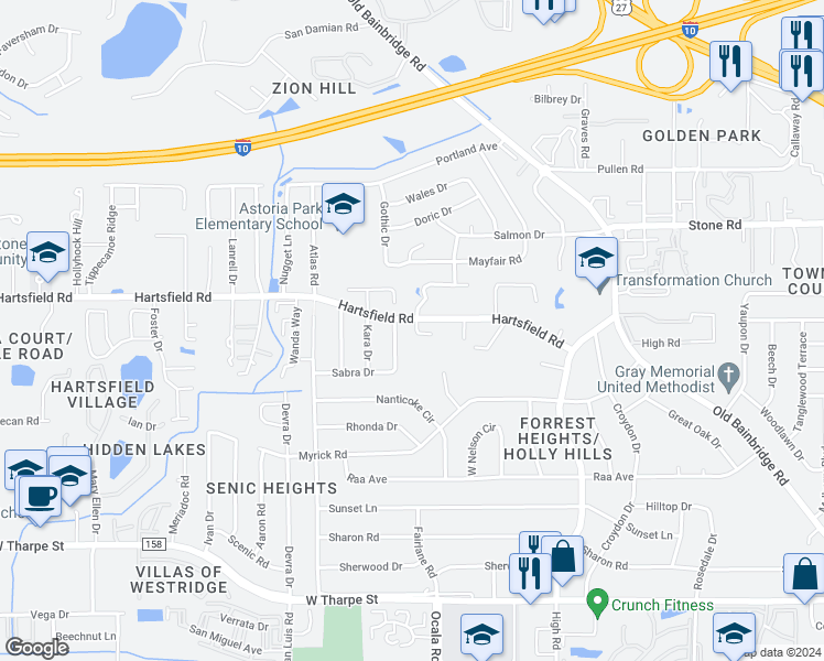map of restaurants, bars, coffee shops, grocery stores, and more near 2323 Vincent Drive in Tallahassee