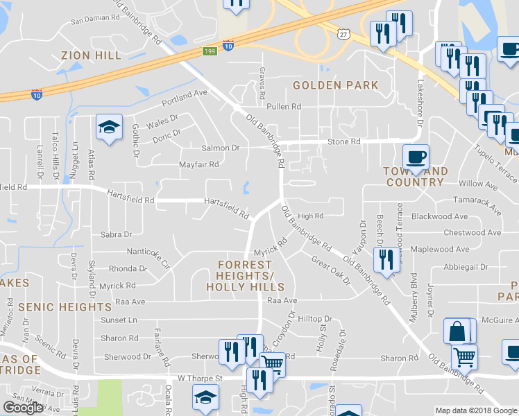 map of restaurants, bars, coffee shops, grocery stores, and more near 2302 High Road in Tallahassee