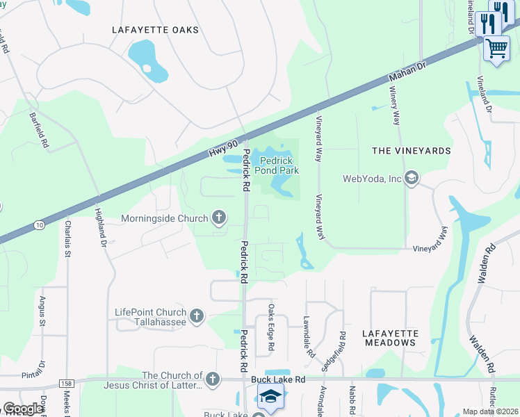 map of restaurants, bars, coffee shops, grocery stores, and more near 1645 Pedrick Road in Tallahassee